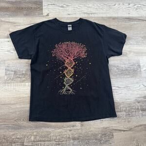 Vintage Black Graphic Tee DNA Tree Soft Grunge Cosmic Art Large